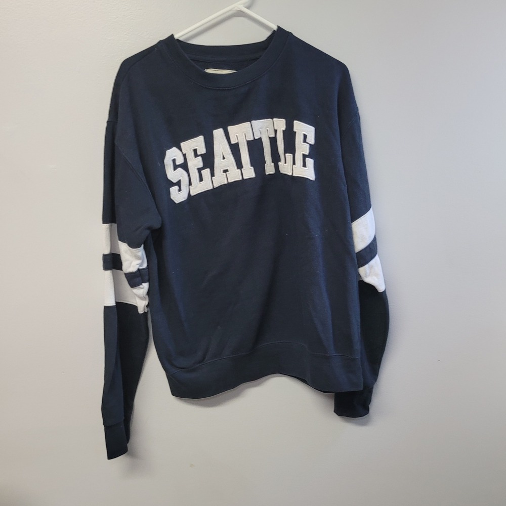 New York Popular Seattle Varsity Stripe Crewneck Sweatshirt Navy Blue XL